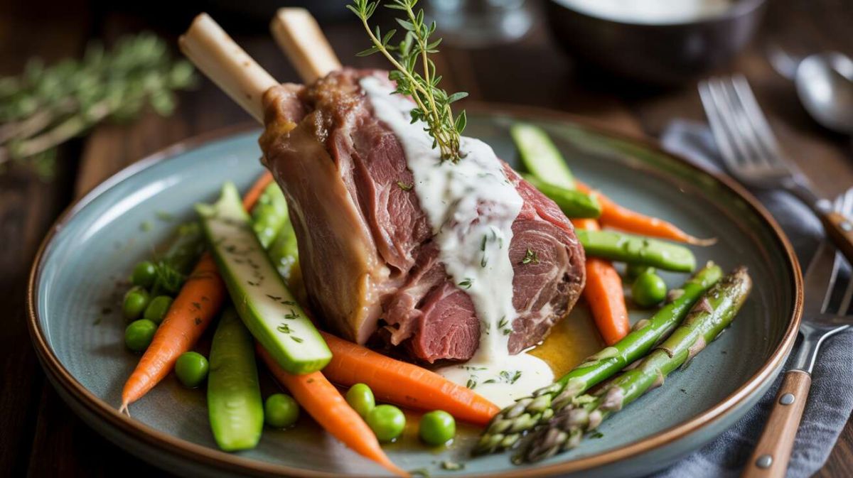 Dégustation raffinée : souris d’agneau à la crème de fromage et légumes de printemps