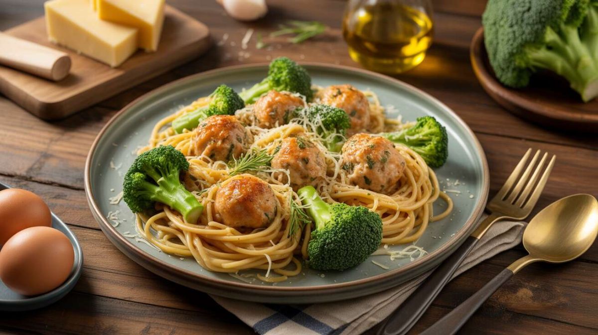 Une recette délicieuse de spaghettis au brocoli et boulettes de poulet légères