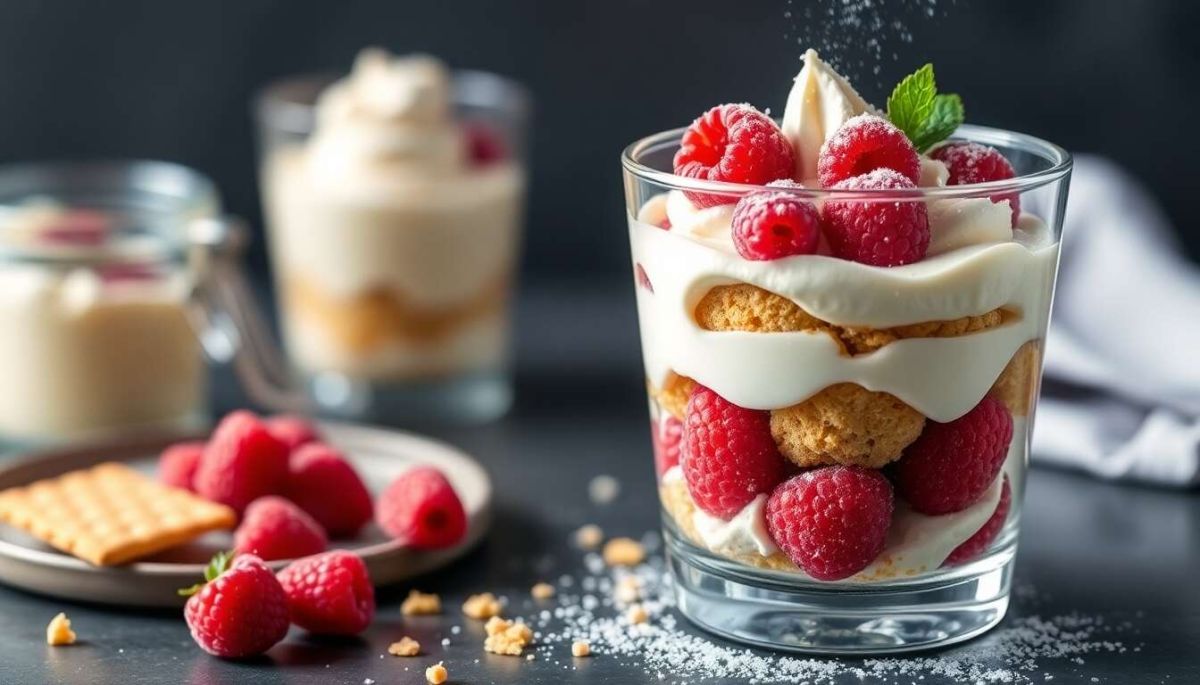 Dessert élégant : verrine mascarpone, framboises et spéculoos à servir