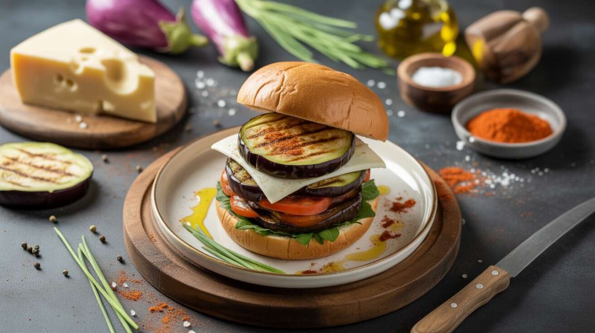 Découvrez le burger végétarien aux aubergines et fromage frais